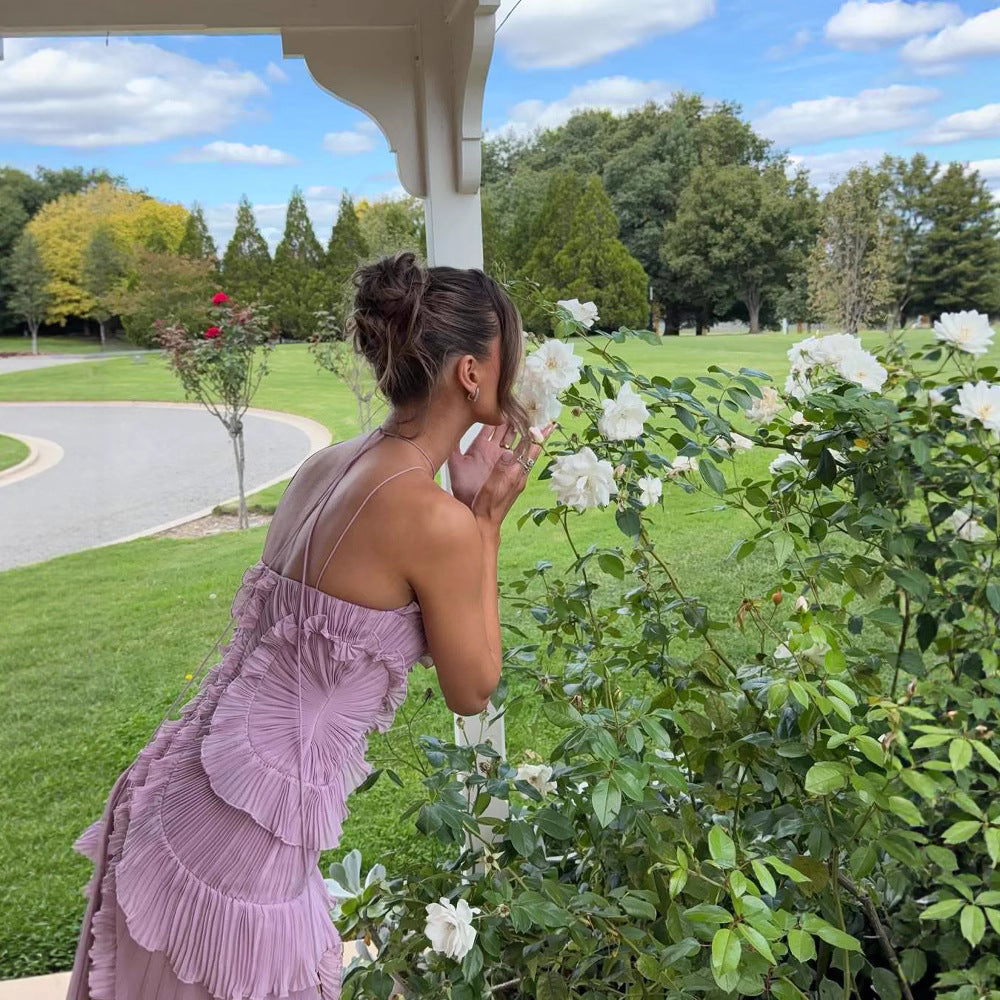 Ruffled Pleated Halterneck Dress