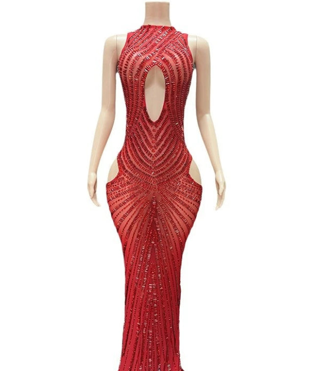 Womens Sexy Mesh Hollow-Out Nightclub Stage Dress