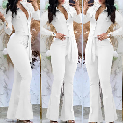 Button Lapel Belted Jumpsuit