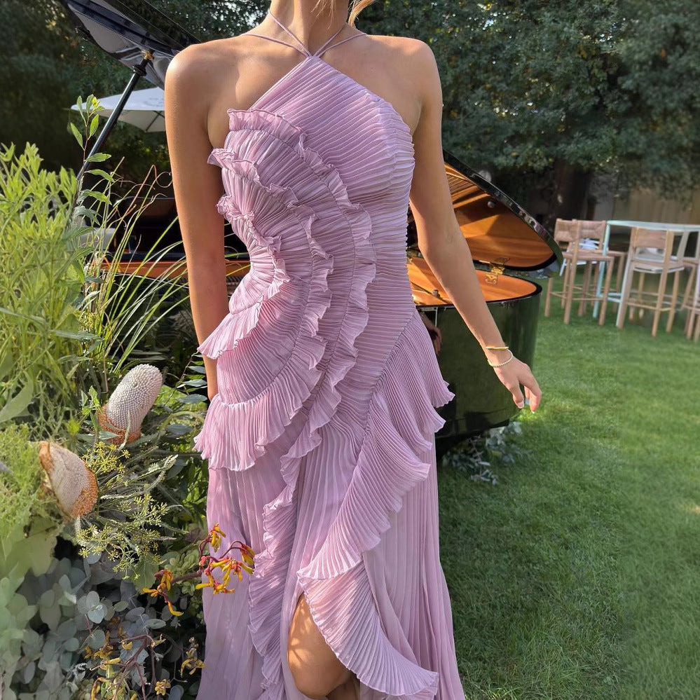 Ruffled Pleated Halterneck Dress