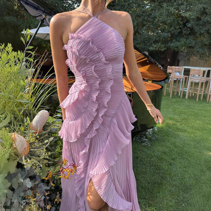 Ruffled Pleated Halterneck Dress