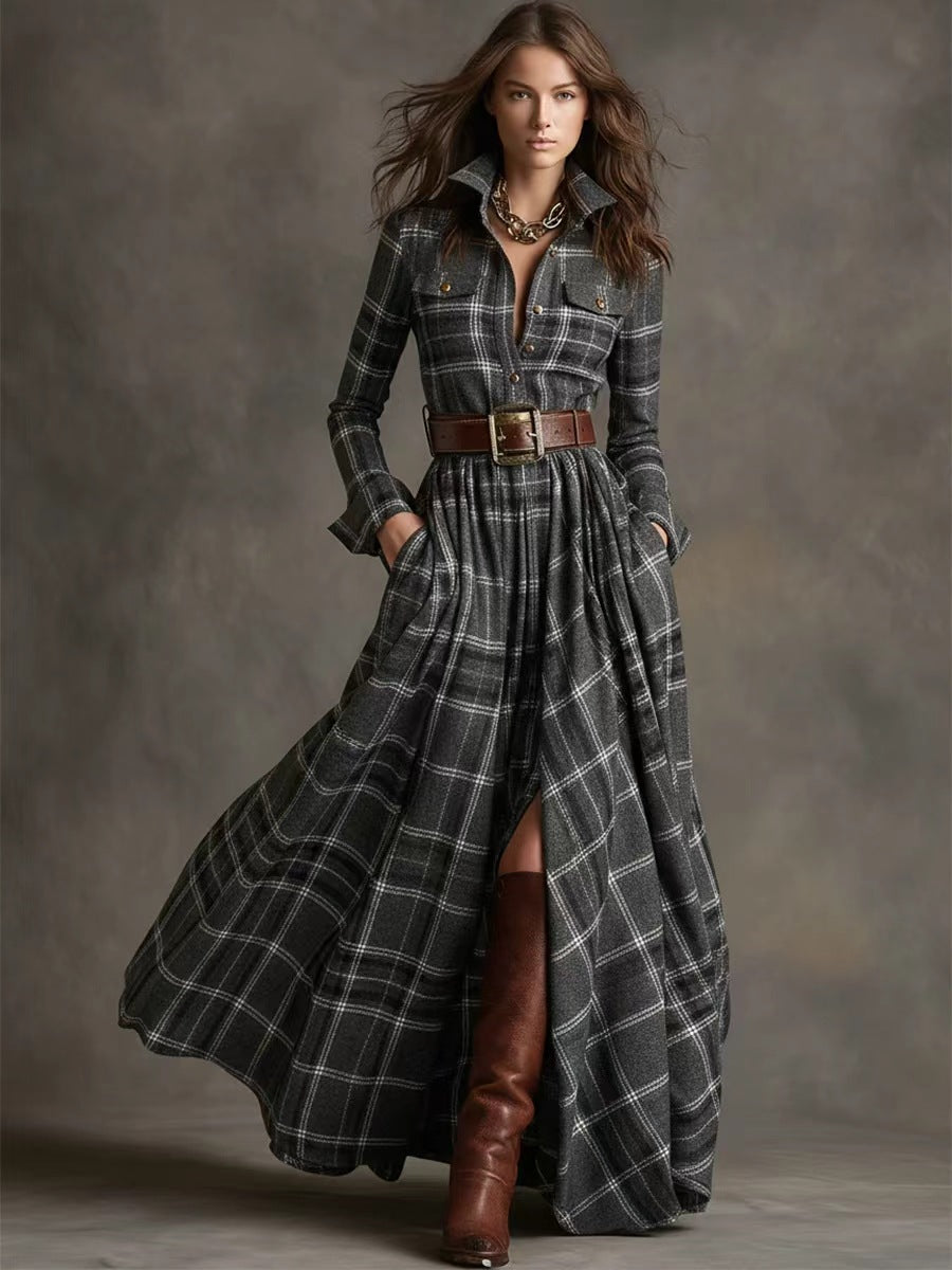 Ins Plaid Print Long-Sleeved Dress Fashion Pockets