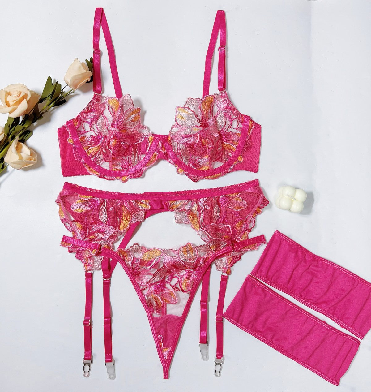 Retro Flower Embroidered Underwear Suit