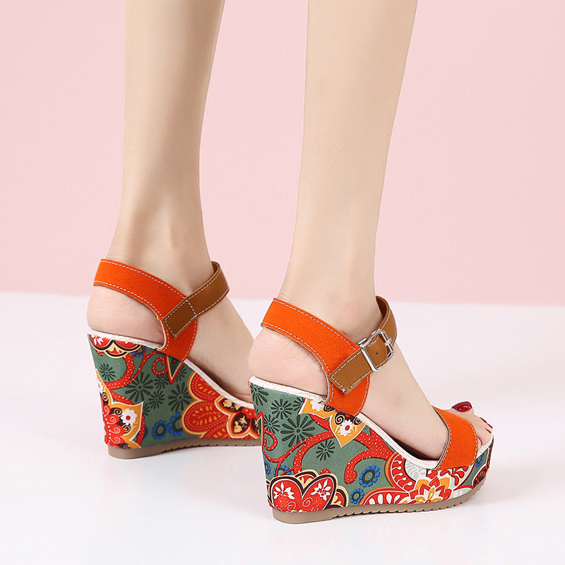 Embroidered High Wedge Sandals For Women