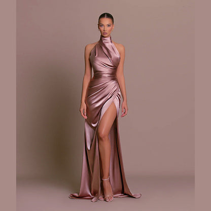 Elegant Halter Neck Slit Maxi Dress