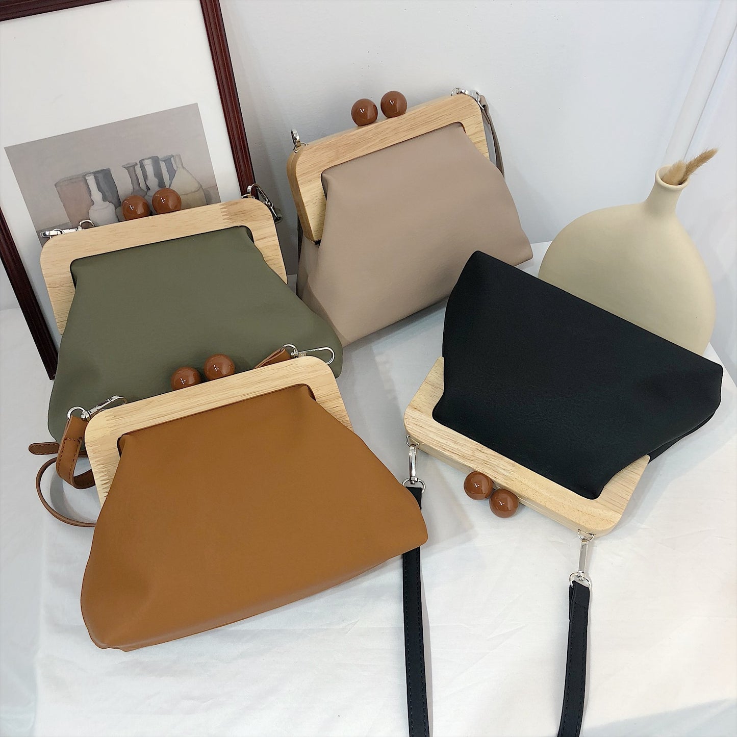 Leather Wooden Clip Clutch