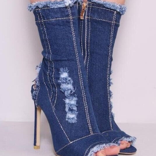 Peep Toe Denim Ankle Boots