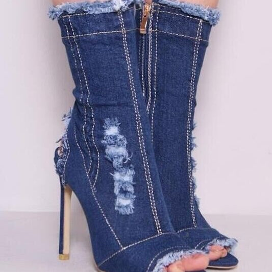 Peep Toe Denim Ankle Boots