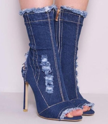 Peep Toe Denim Ankle Boots