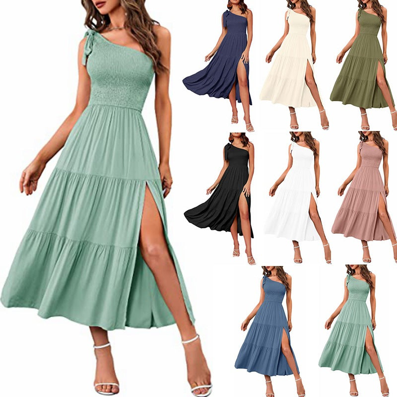 One-Shoulder Pleated Layered Hem Split Dress