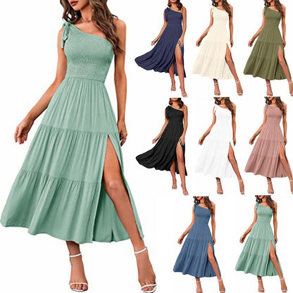 One-Shoulder Pleated Layered Hem Split Dress