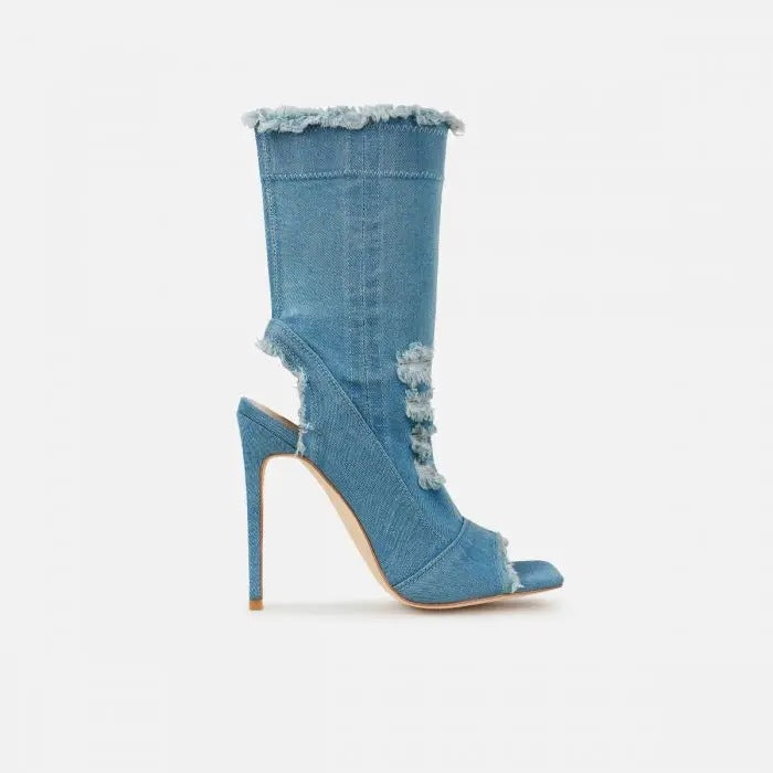 Peep Toe Denim Ankle Boots
