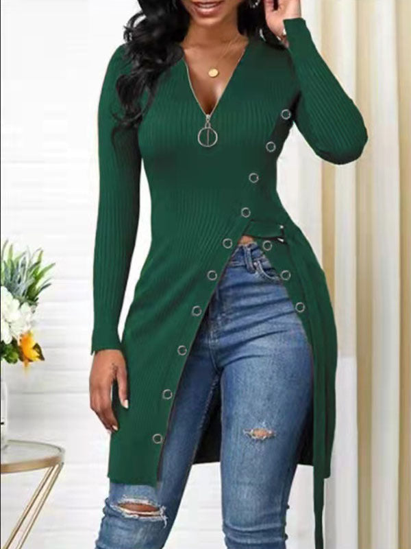 V-Neck High Split Zipper Dress