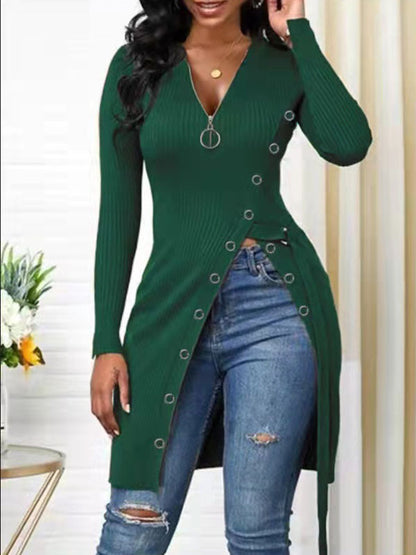 V-Neck High Split Zipper Dress