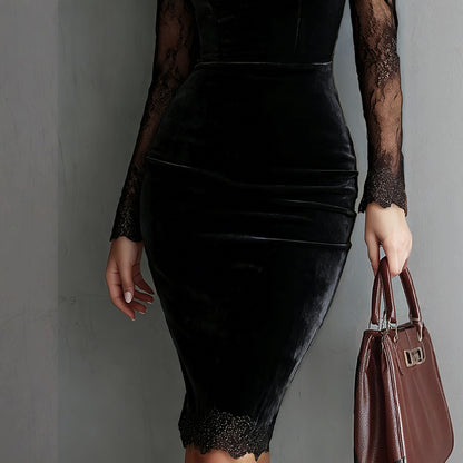 Women's Solid Color Sexy Lace Trim Bodycon Midi Dress
