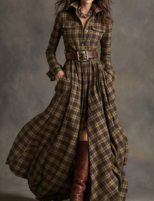 Ins Plaid Print Long-Sleeved Dress Fashion Pockets