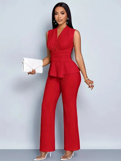 Elegant V-neck Top And Wide-leg Pants
