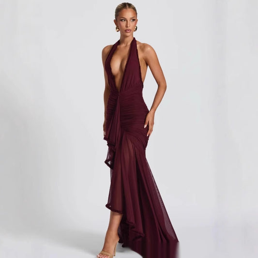 Wine Red Lace Deep V Sexy Dress