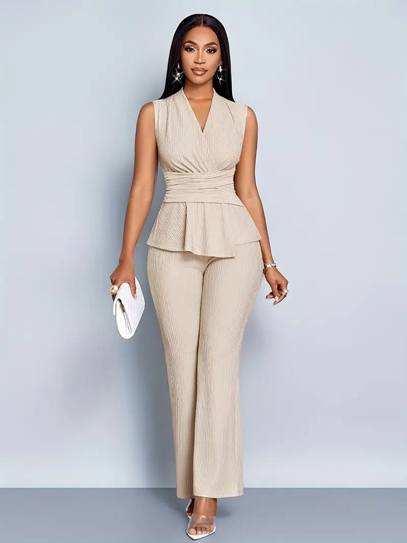 Elegant V-neck Top And Wide-leg Pants
