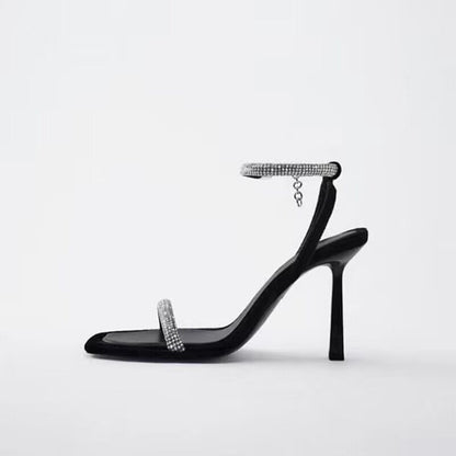 Square Toe Rhinestone Stiletto Sandals