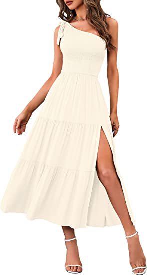 One-Shoulder Pleated Layered Hem Split Dress
