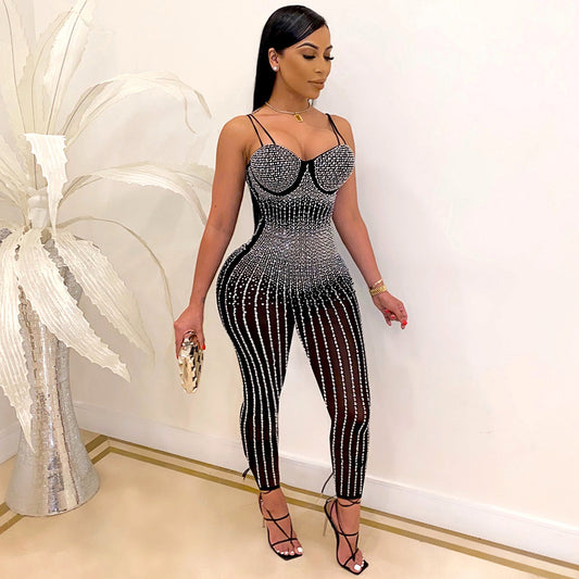 Rhinestone Mesh Jumpsuit
