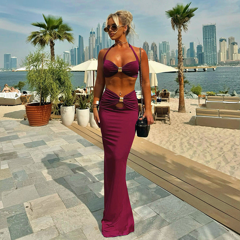 Bandeau Long Sleeve Slit Dress Set