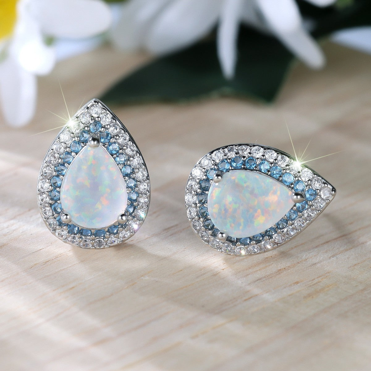 Water Drop White Opal Edge Blue White Ear Studs