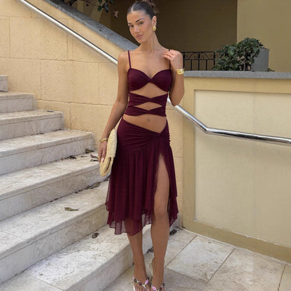 Womens Slim-fit Tube Top Hollow-out Off-shoulder Dress