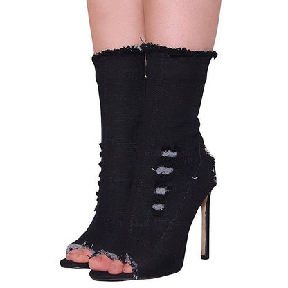 Peep Toe Denim Ankle Boots