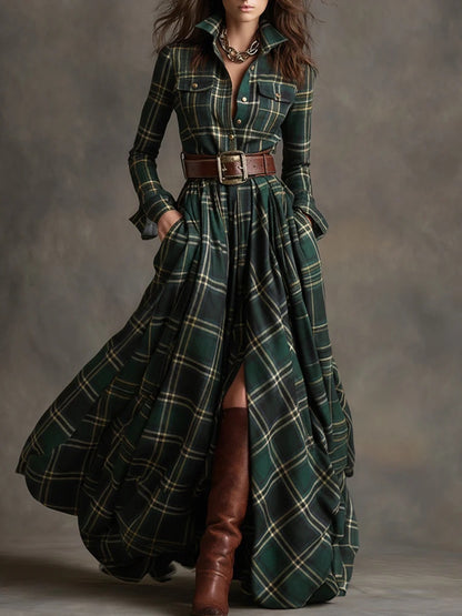 Ins Plaid Print Long-Sleeved Dress Fashion Pockets