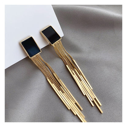 Square Black Long Tassel Earrings