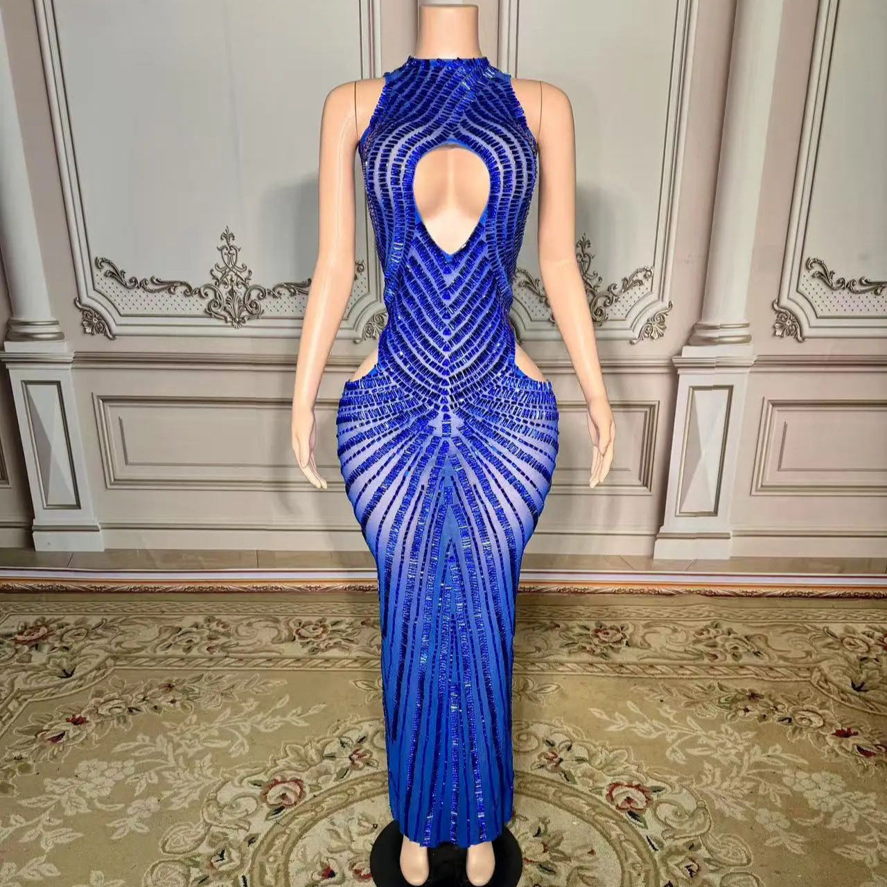 Womens Sexy Mesh Hollow-Out Nightclub Stage Dress
