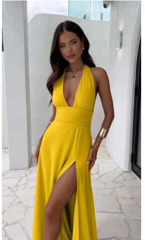 Halterneck V-neck Slit Dress Summer Backless Strappy