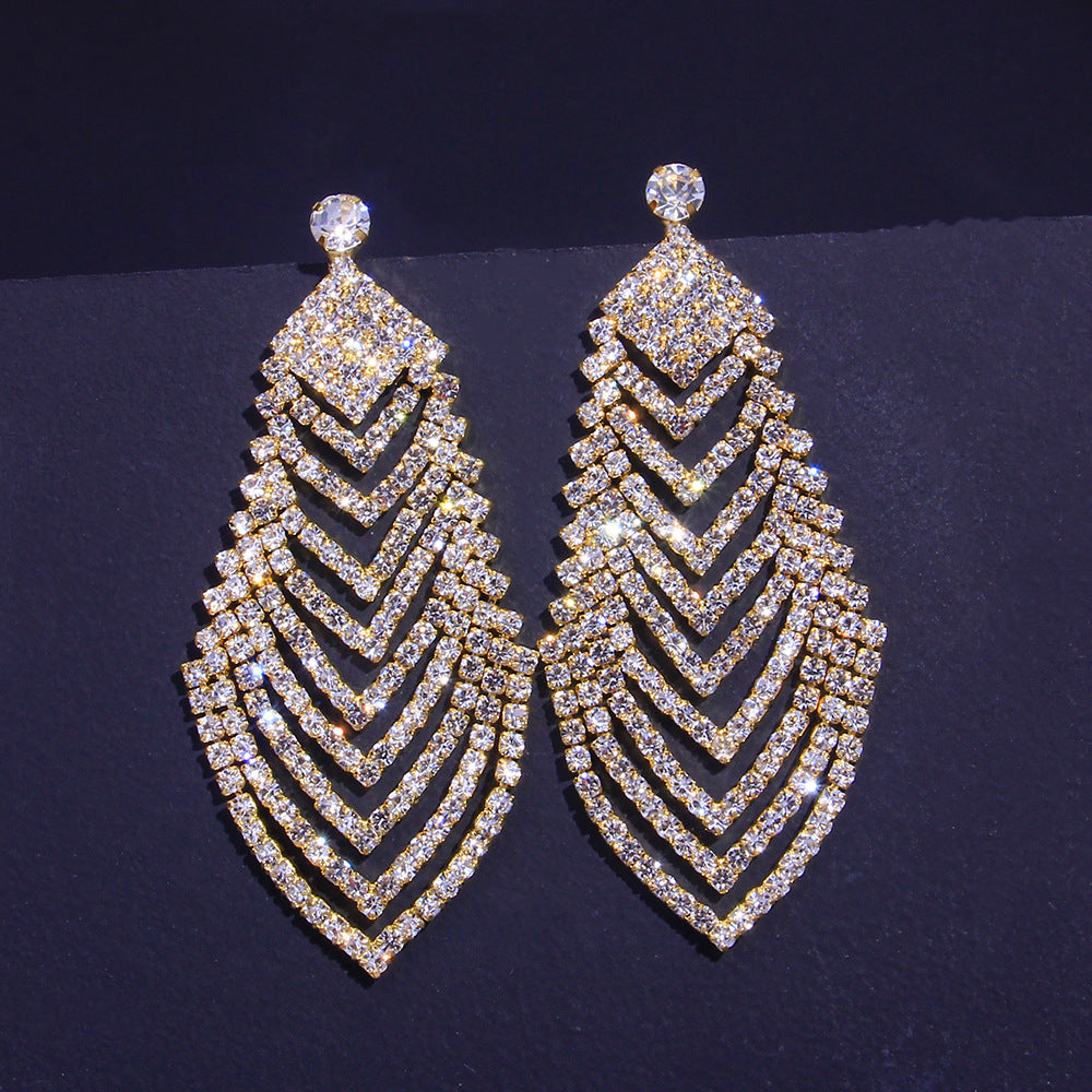Crystal Long Diamond Leaf Earrings
