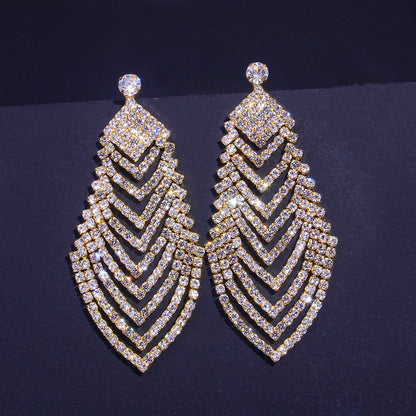 Crystal Long Diamond Leaf Earrings