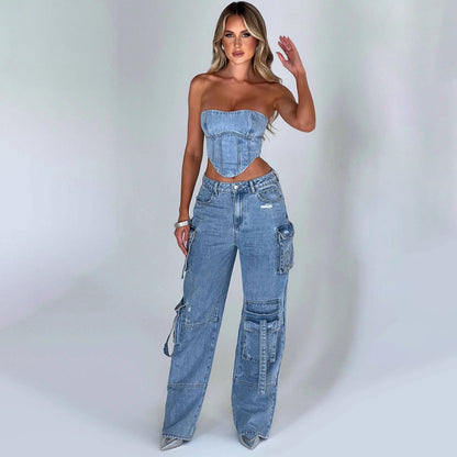Denim Backless Tube Top Set