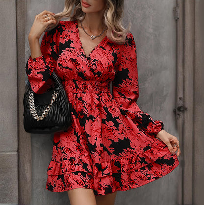 Lantern Sleeve A-Line Dress V-Neck