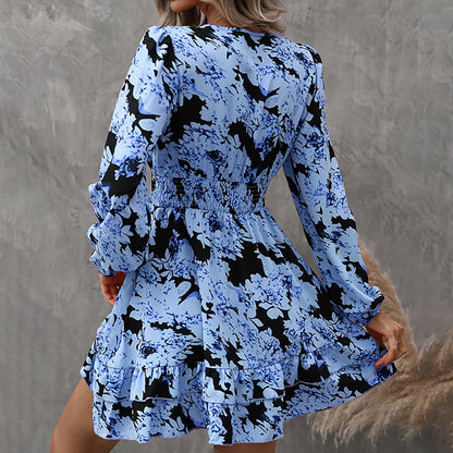 Lantern Sleeve A-Line Dress V-Neck