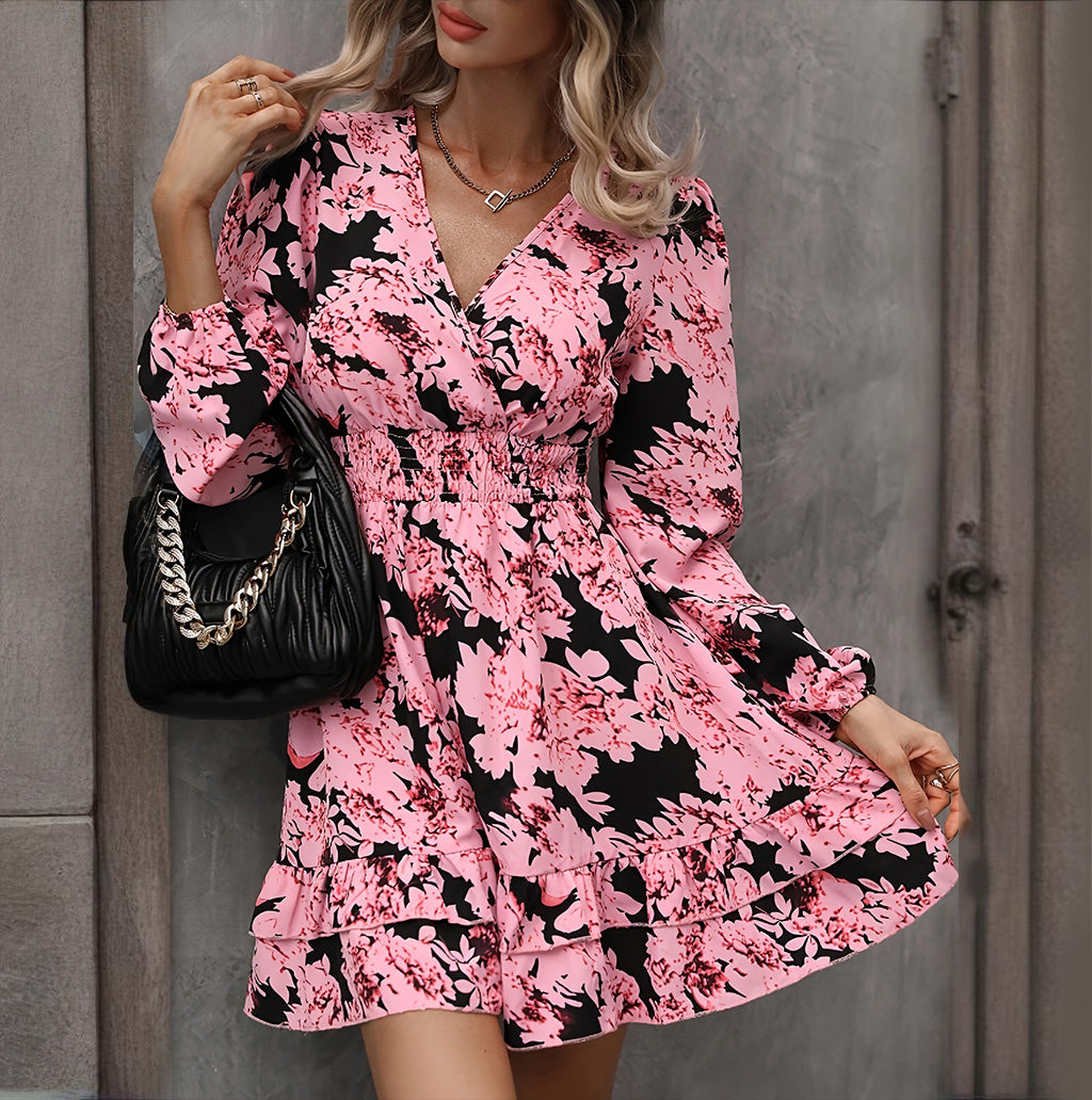 Lantern Sleeve A-Line Dress V-Neck