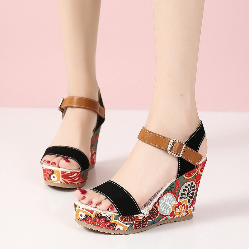 Embroidered High Wedge Sandals For Women