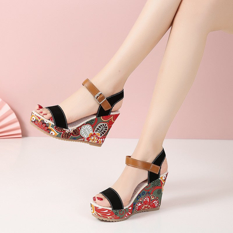 Embroidered High Wedge Sandals For Women