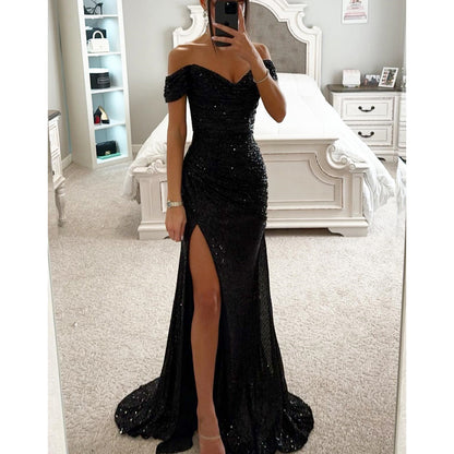 Sequin Off Shoulder Split Dress