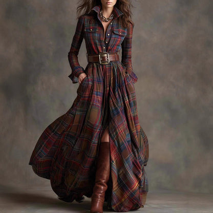 Ins Plaid Print Long-Sleeved Dress Fashion Pockets