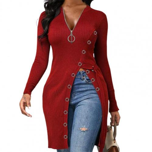 V-Neck High Split Zipper Dress