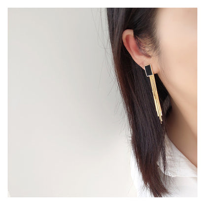 Square Black Long Tassel Earrings