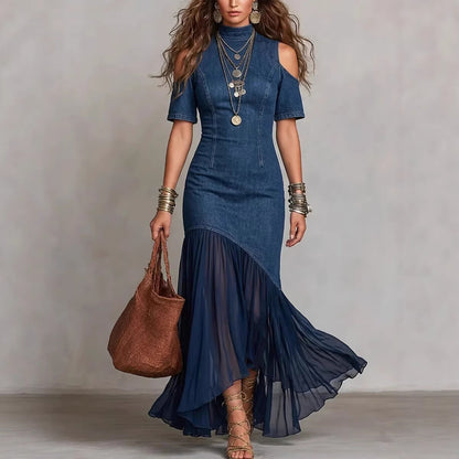 Off-Shoulder Mesh Hem Midi Dress