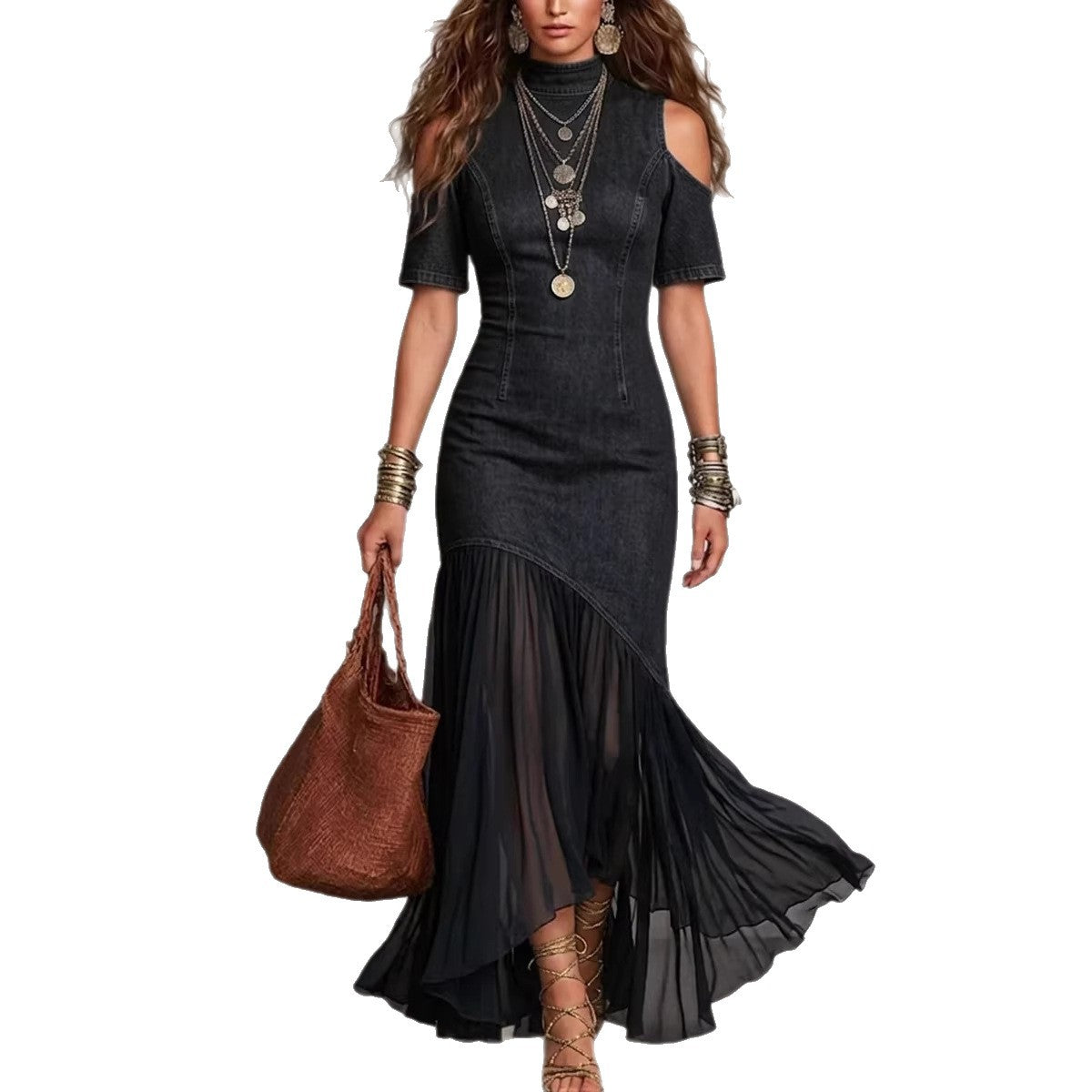 Off-Shoulder Mesh Hem Midi Dress