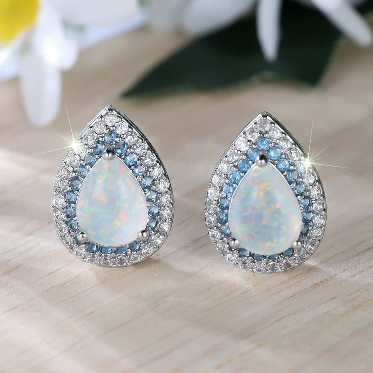Water Drop White Opal Edge Blue White Ear Studs
