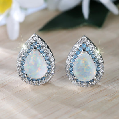 Water Drop White Opal Edge Blue White Ear Studs